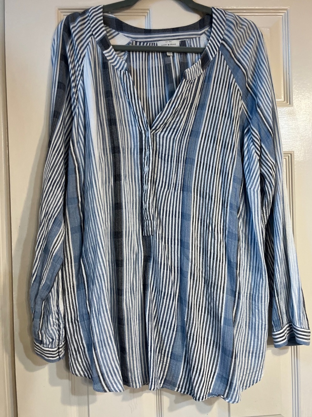 Lucky Brand Blue and White Vertical Stripe Button-Front Shirt